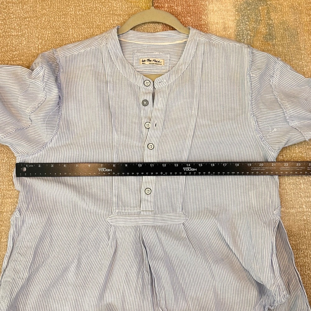 We The Free Blouse Small Blue Striped Long Sleeve Frayed Hem Button Down Boho - Picture 6 of 6